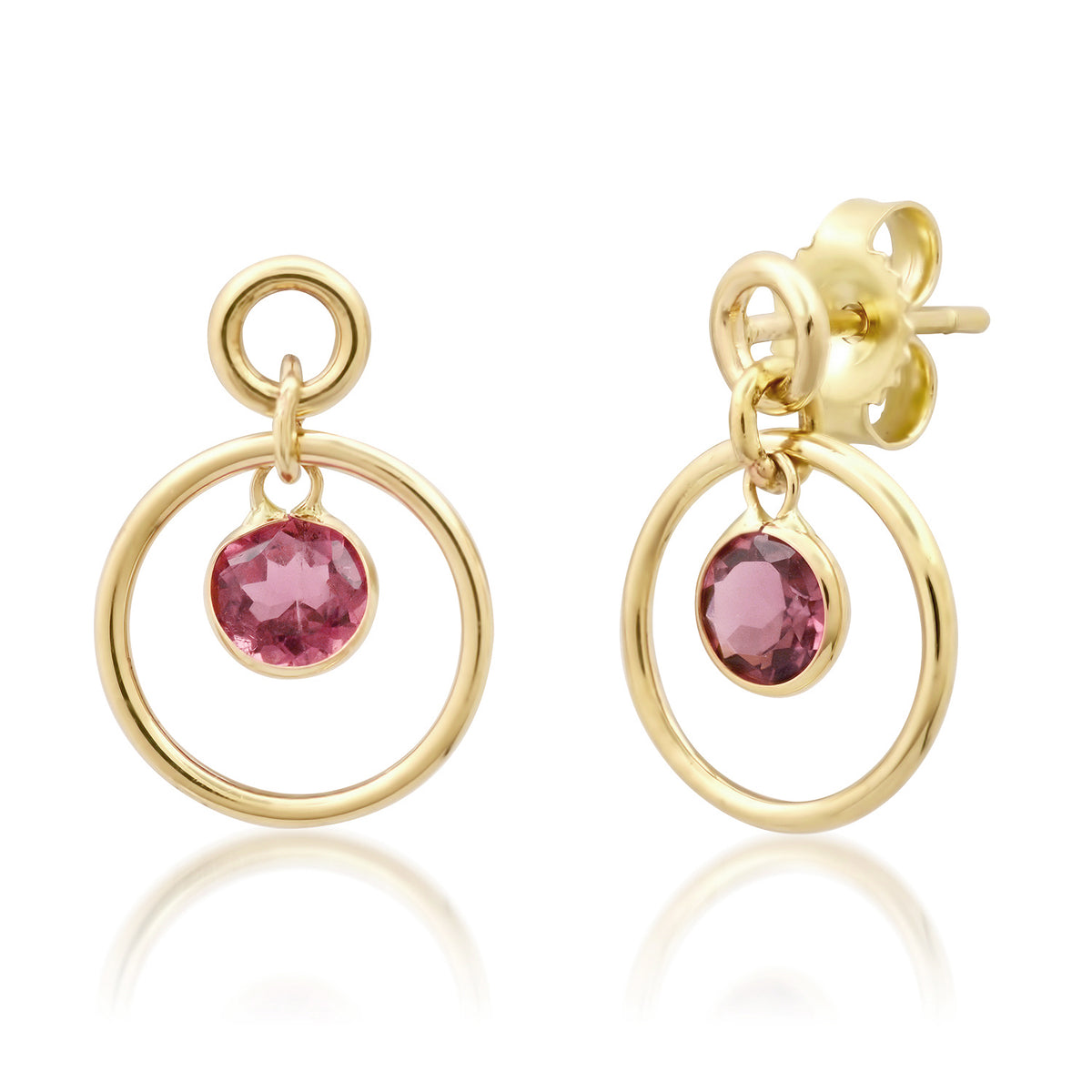 14K Double Circle Studs with Dangling ROUND Gemstone