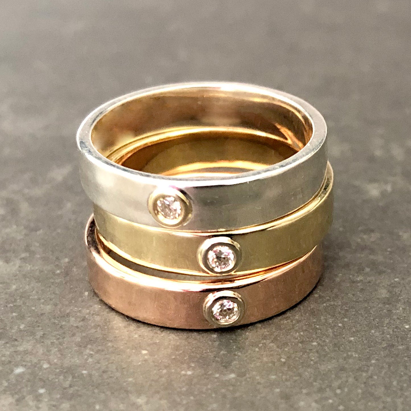 "Liquid Metal" 14K Gold narrow Hammered Band with Diamond
