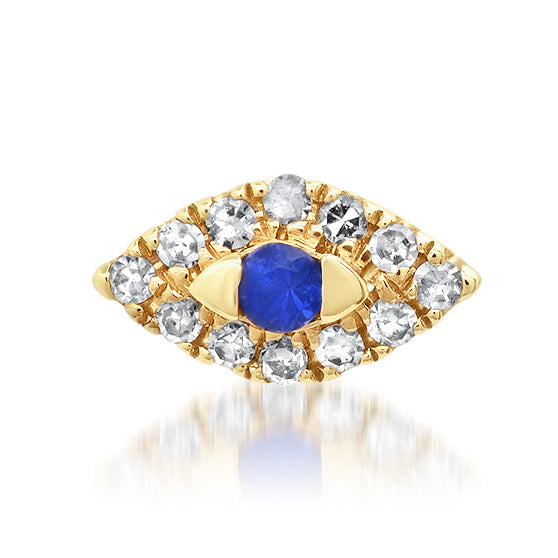 14K Gold with Diamonds and Sapphire SINGLE Evil Eye Stud Earring
