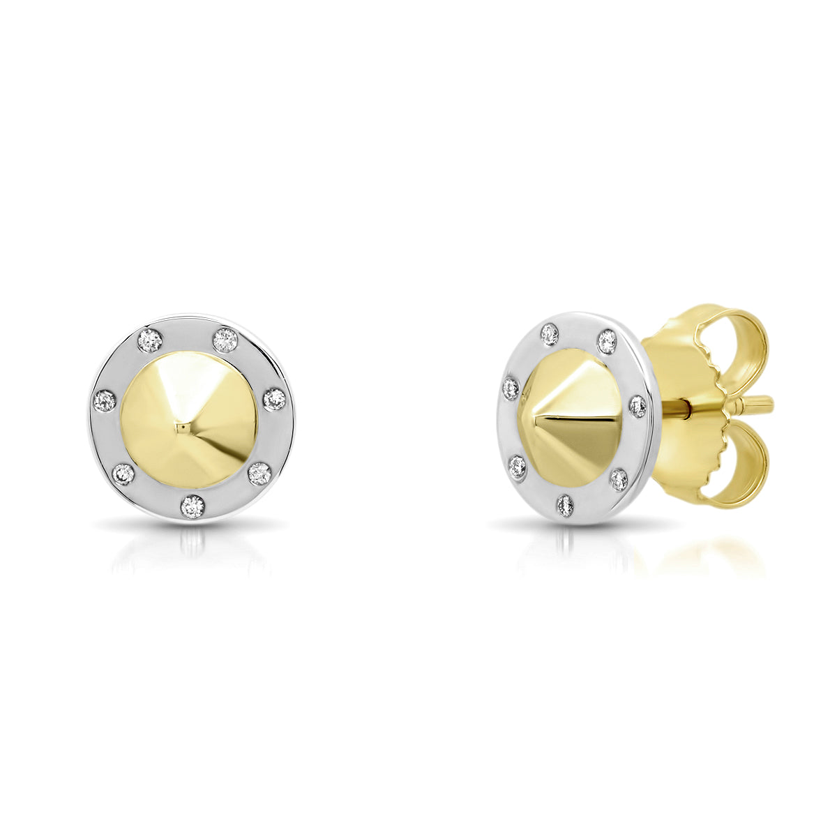 14K Yellow + White Gold "Pyramid" Studs with Diamonds