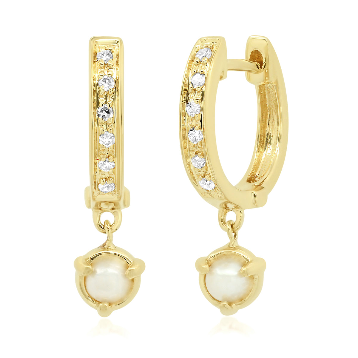 Pave Diamond 14k Gold Huggie Hoop with "Claw" Pearl Drops