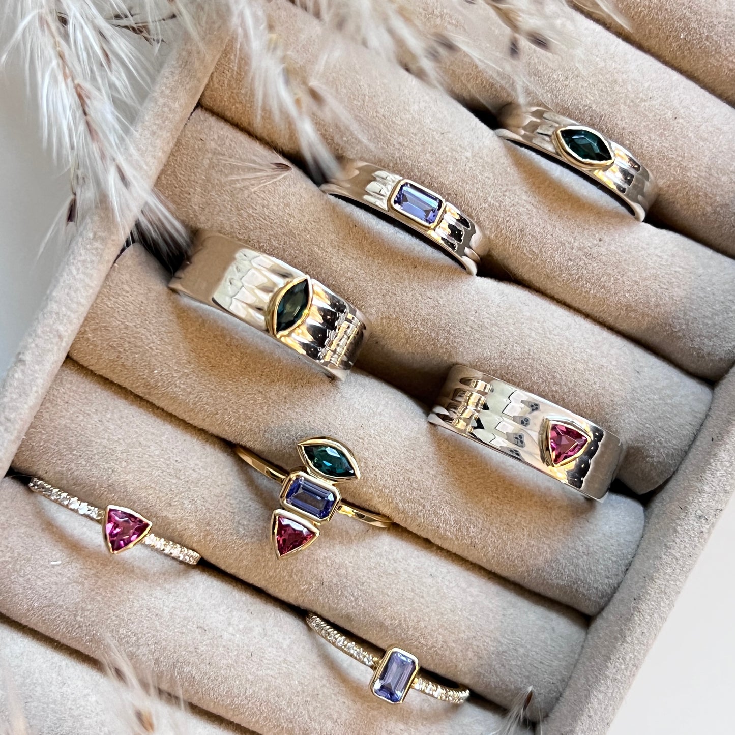 14K Gold Knife Edge Triple Gemstone Ring: Teal Tourmaline, Pink Tourmaline ,Tanzanite