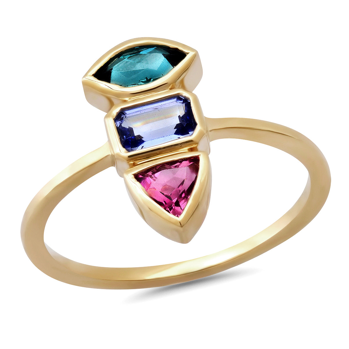 14K Gold Knife Edge Triple Gemstone Ring: Teal Tourmaline, Pink Tourmaline ,Tanzanite