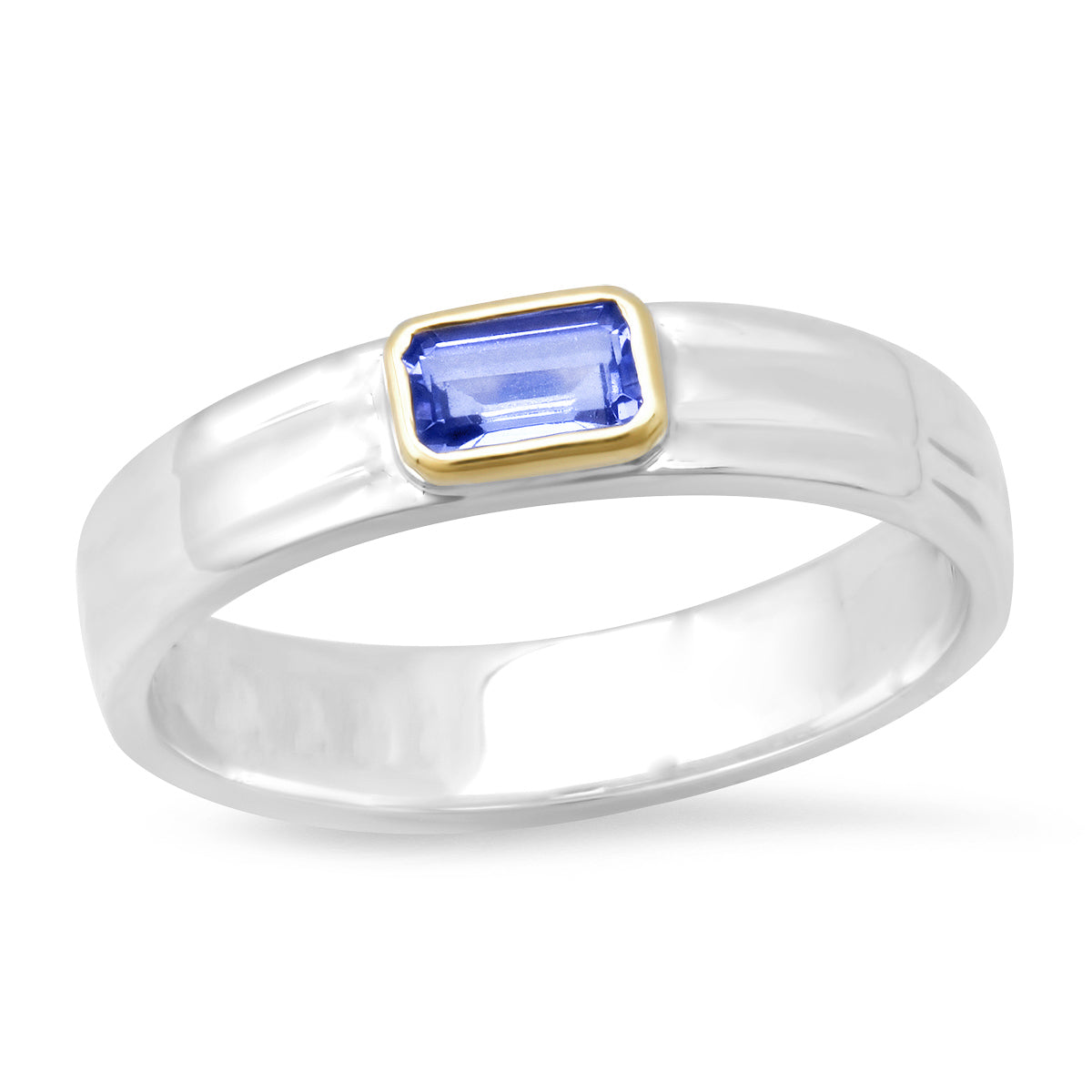 "Liquid Metal" Narrow Hammered Sterling Silver Band with 14K Bezel wth Knife Edge Gemstone: Tanzanite