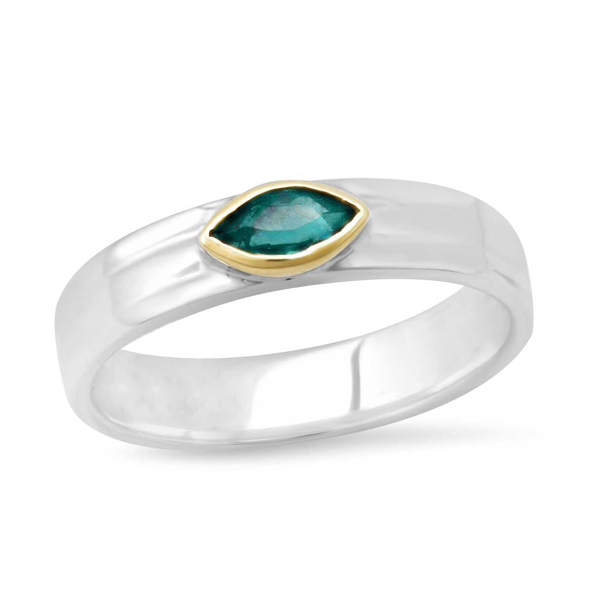 "Liquid Metal" Narrow Hammered Sterling Silver Band with 14K Bezel wth Knife Edge Gemstone: Teal Tourmaline