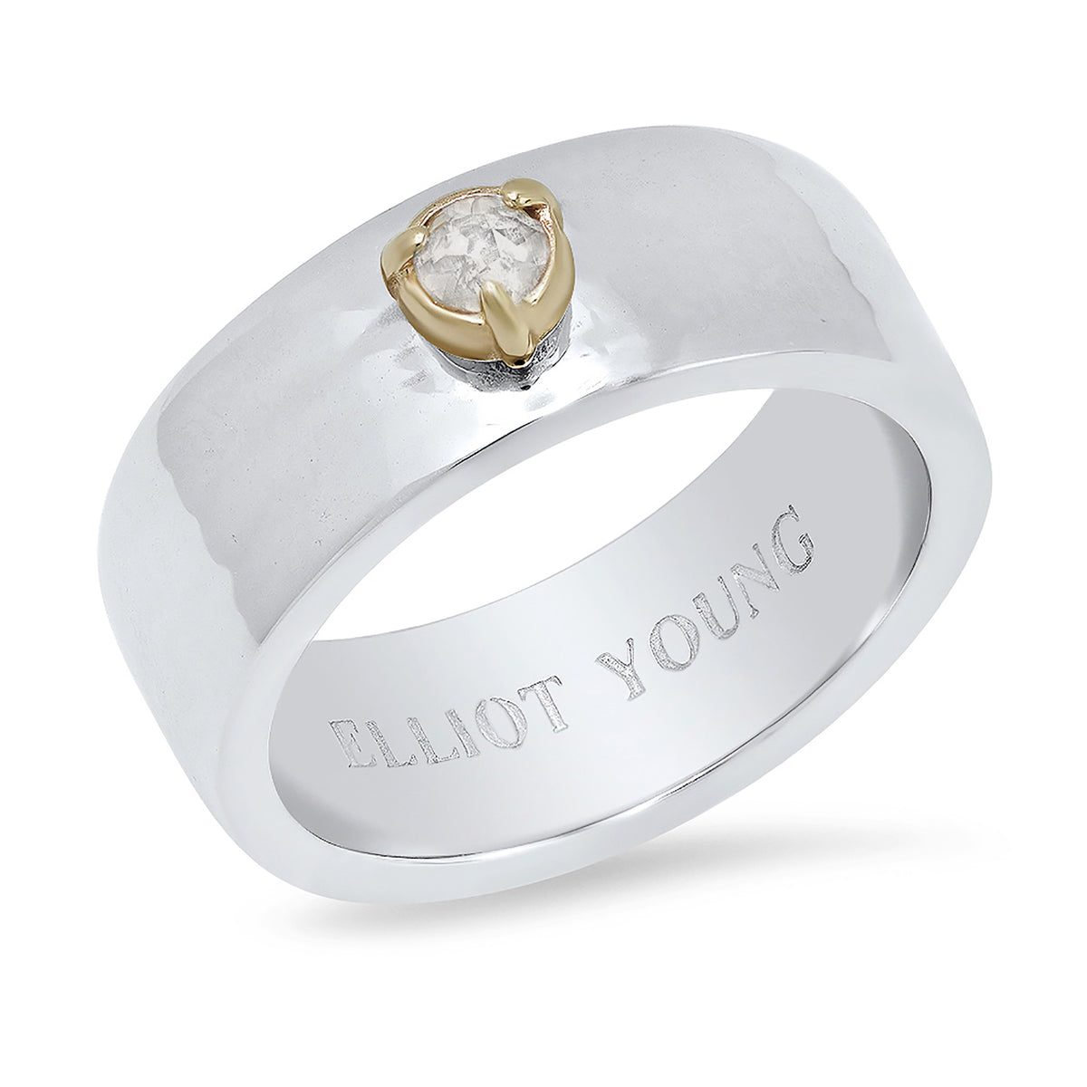"Liquid Metal" Sterling Silver Wide Hammered Band "Claw" Ring with Natural Rose Cut Diamond, Sapphire, or Turquoise