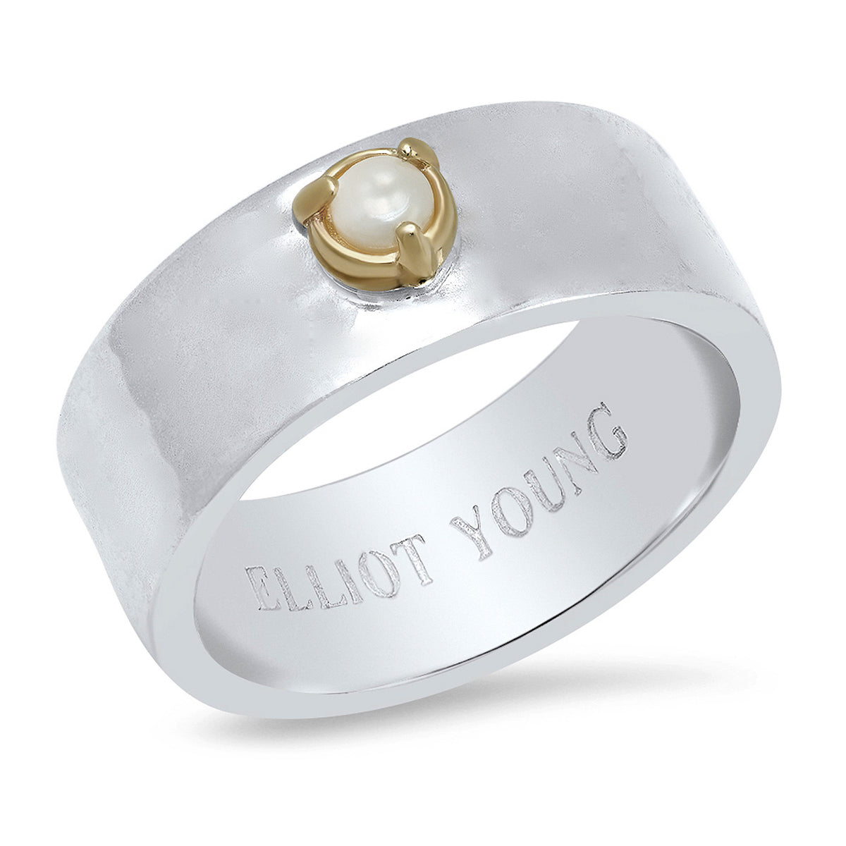 "Liquid Metal" Sterling Silver Wide Hammered Band "Claw" Ring with Freshwater Pearl: SIZE 7