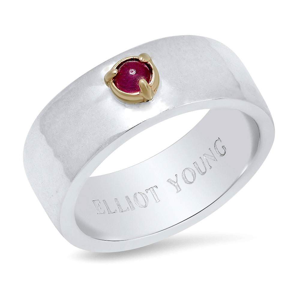 "Liquid Metal" Sterling Silver Wide Hammered Band "Claw" Ring with Natural Rose Cut Ruby or Emerald