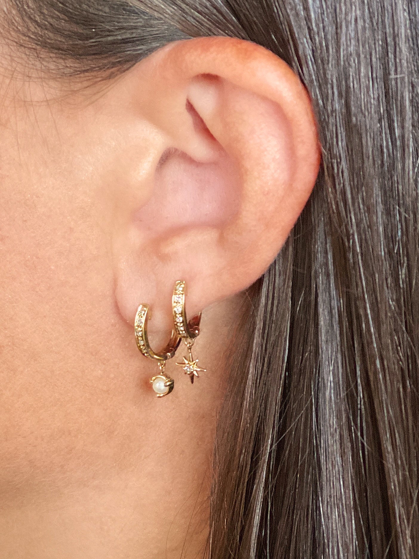14K Gold Pave Diamond Huggies with North Star Charm