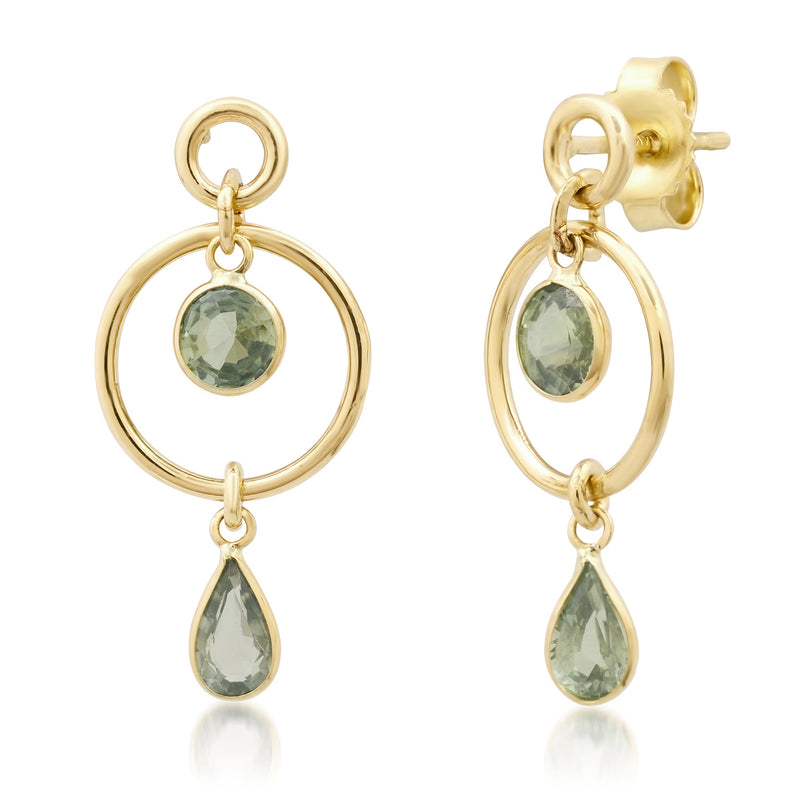 14K Double Circle Studs with Dangling Green Sapphire ROUND + TEARDROP Bezel