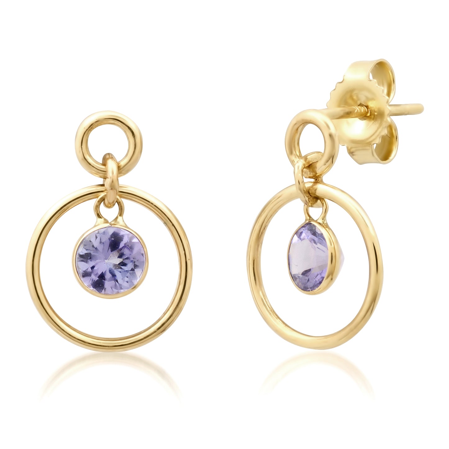 Tiny 14K Double Circle Studs with Dangling ROUND Gemstone