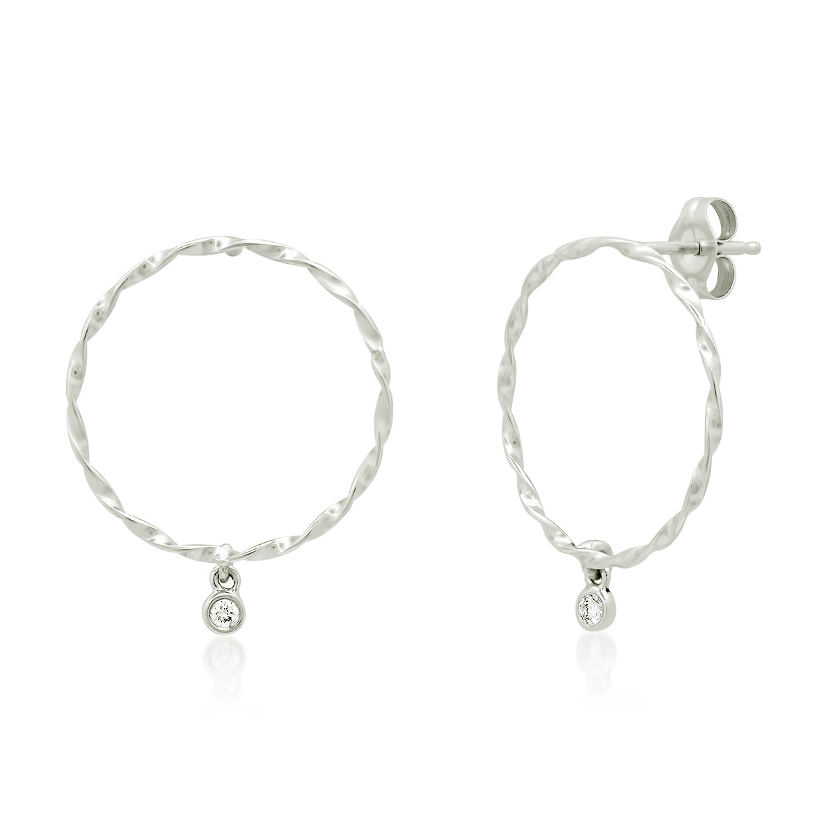 14K Gold Twisted forward facing Hoop earring with Tiny Diamond: White Gold