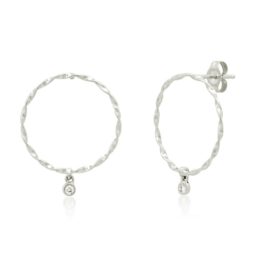 14K Gold Twisted forward facing Hoop earring with Tiny Diamond: White Gold