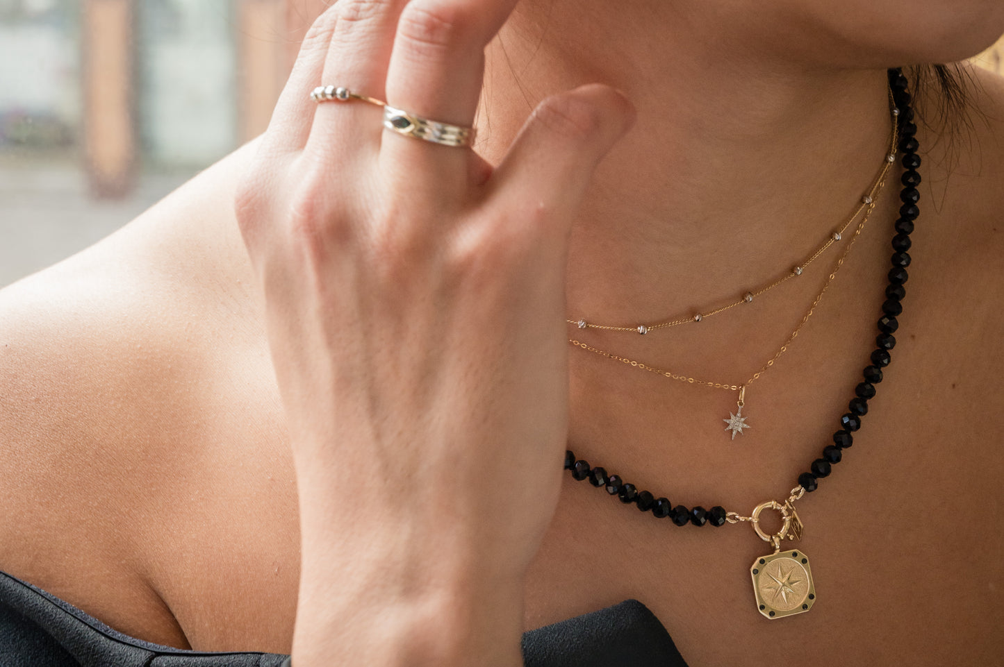 14K Black Diamond Compass Pendant Necklace