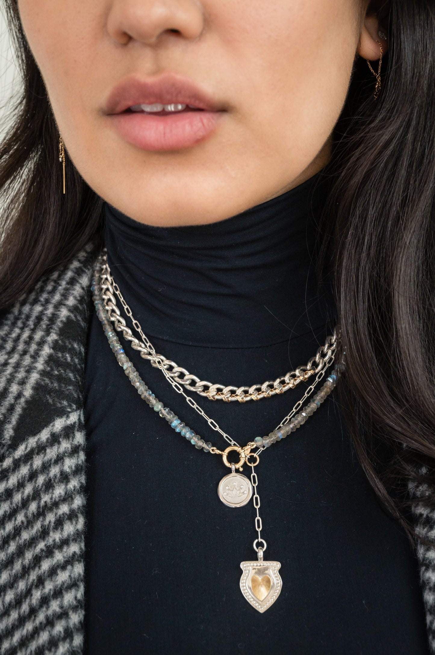 Two-Tone 14K Gold & Sterling Silver Heart Shield Y Necklace