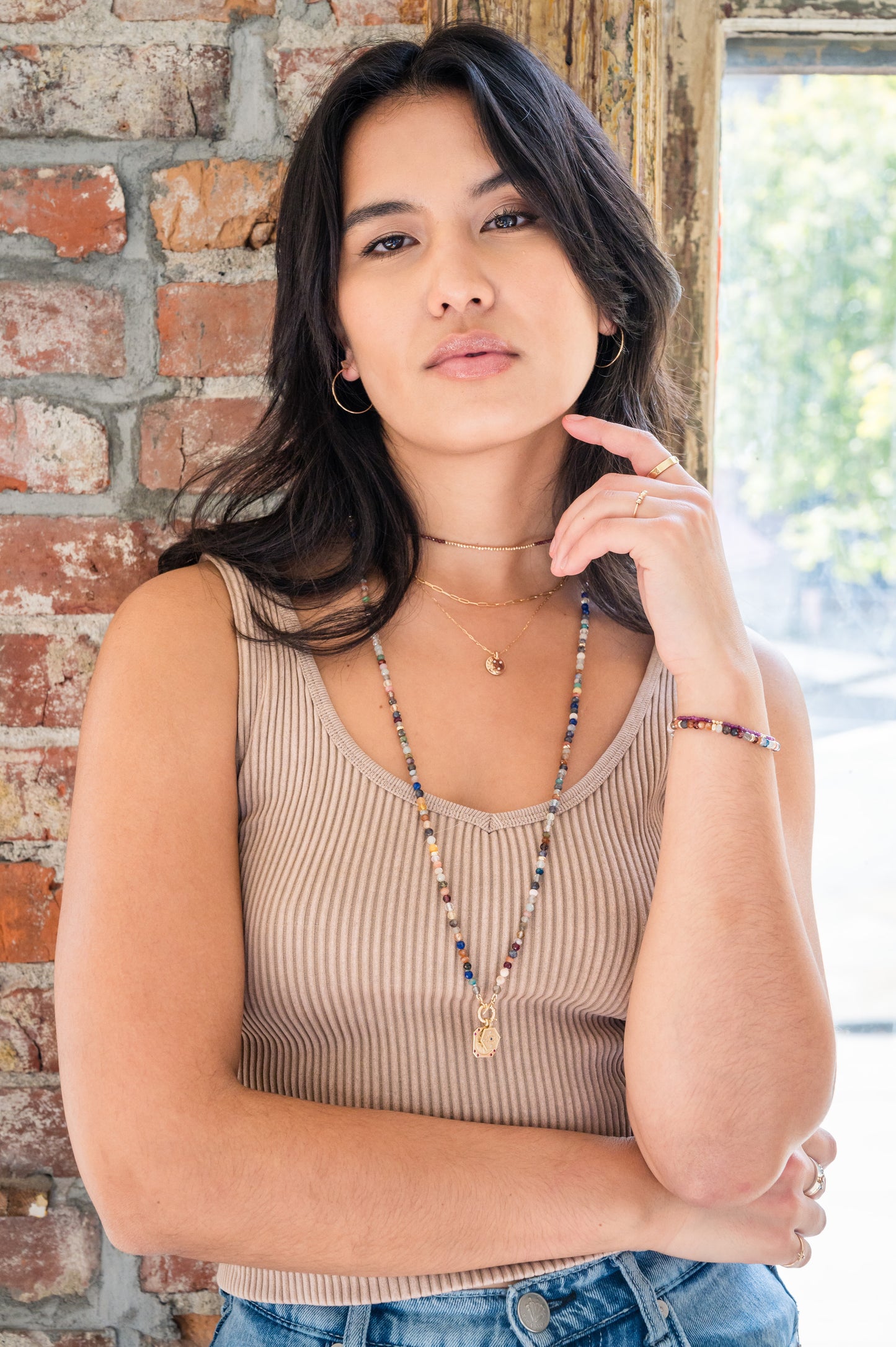 32" Long Beaded Rondelle Necklace: Mixed Gems