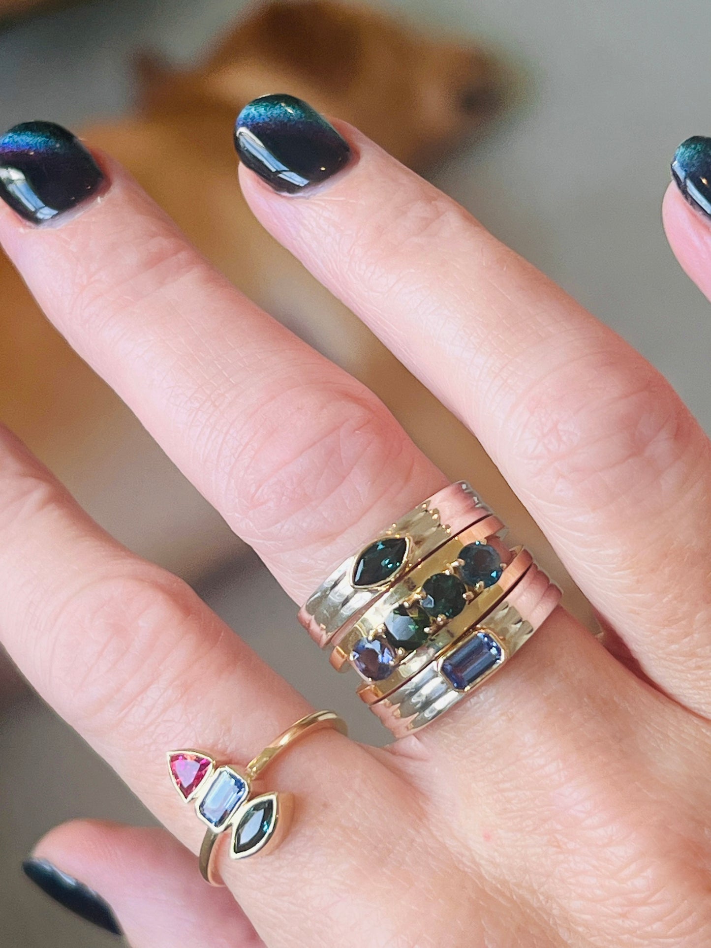 NEW! "Mimi" Gemstone Ring: Lolite, Green Tourmaline, Teal Tourmaline, London Blue Topaz