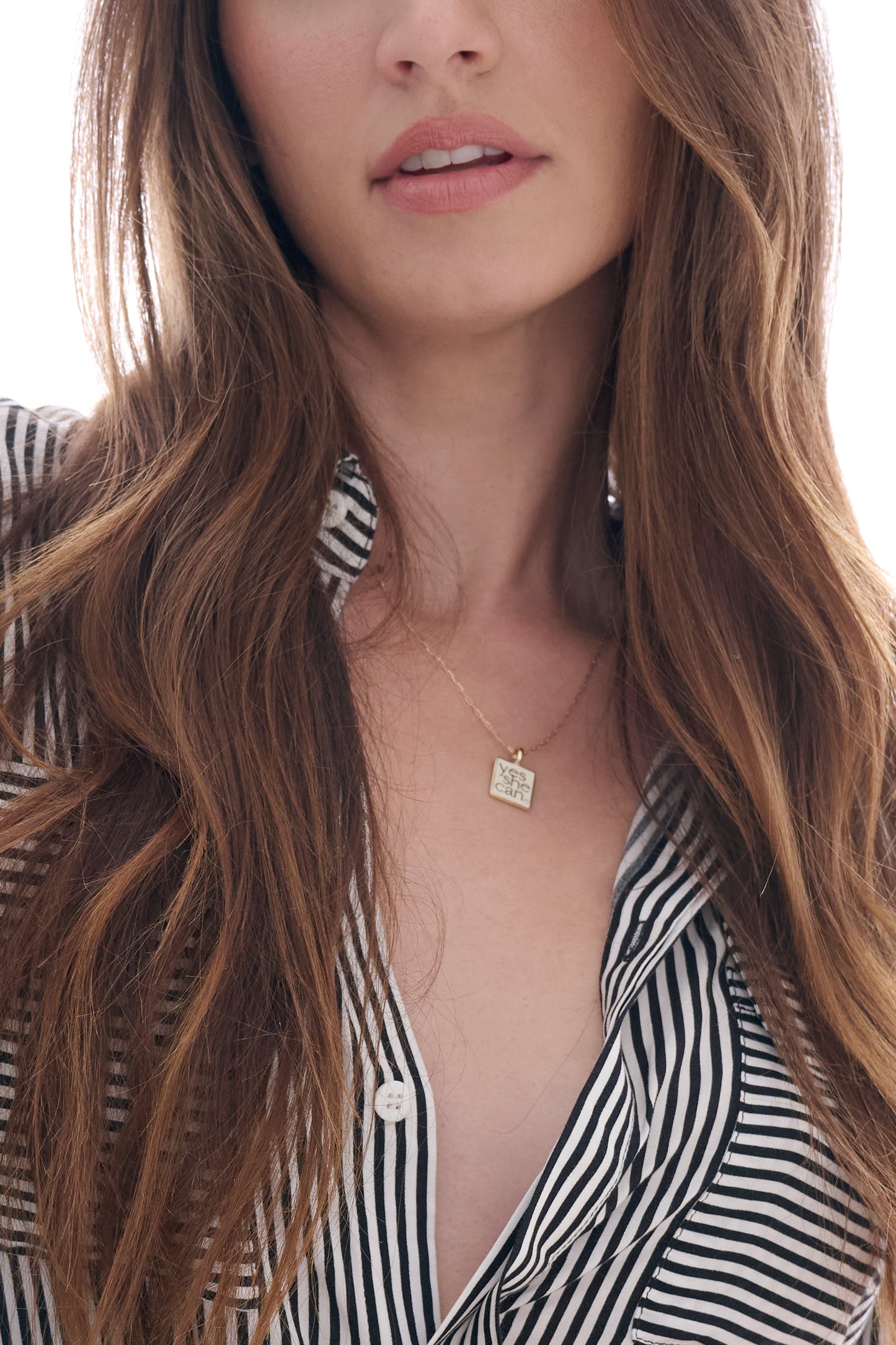 "Yes She Can" 14k Gold Enameled Necklace with Diamond on Mini Paperclip Chain