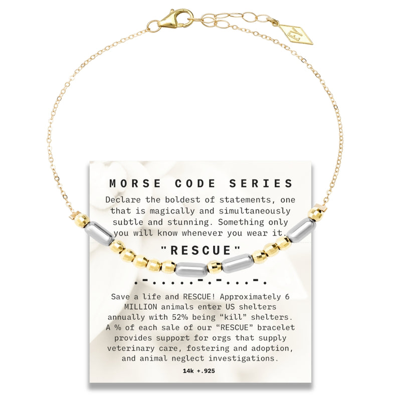 "Morse Code" Series RESCUE Bracelet on Adjustable 14K Gold Chain