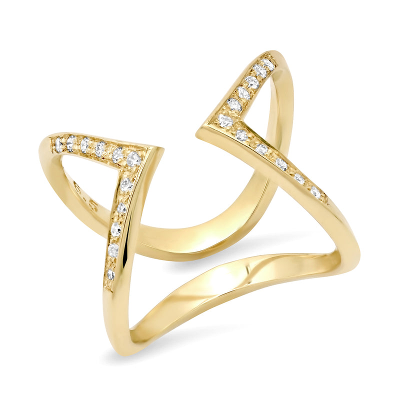 14K Yellow Pave Double Open "V" Ring with Diamonds