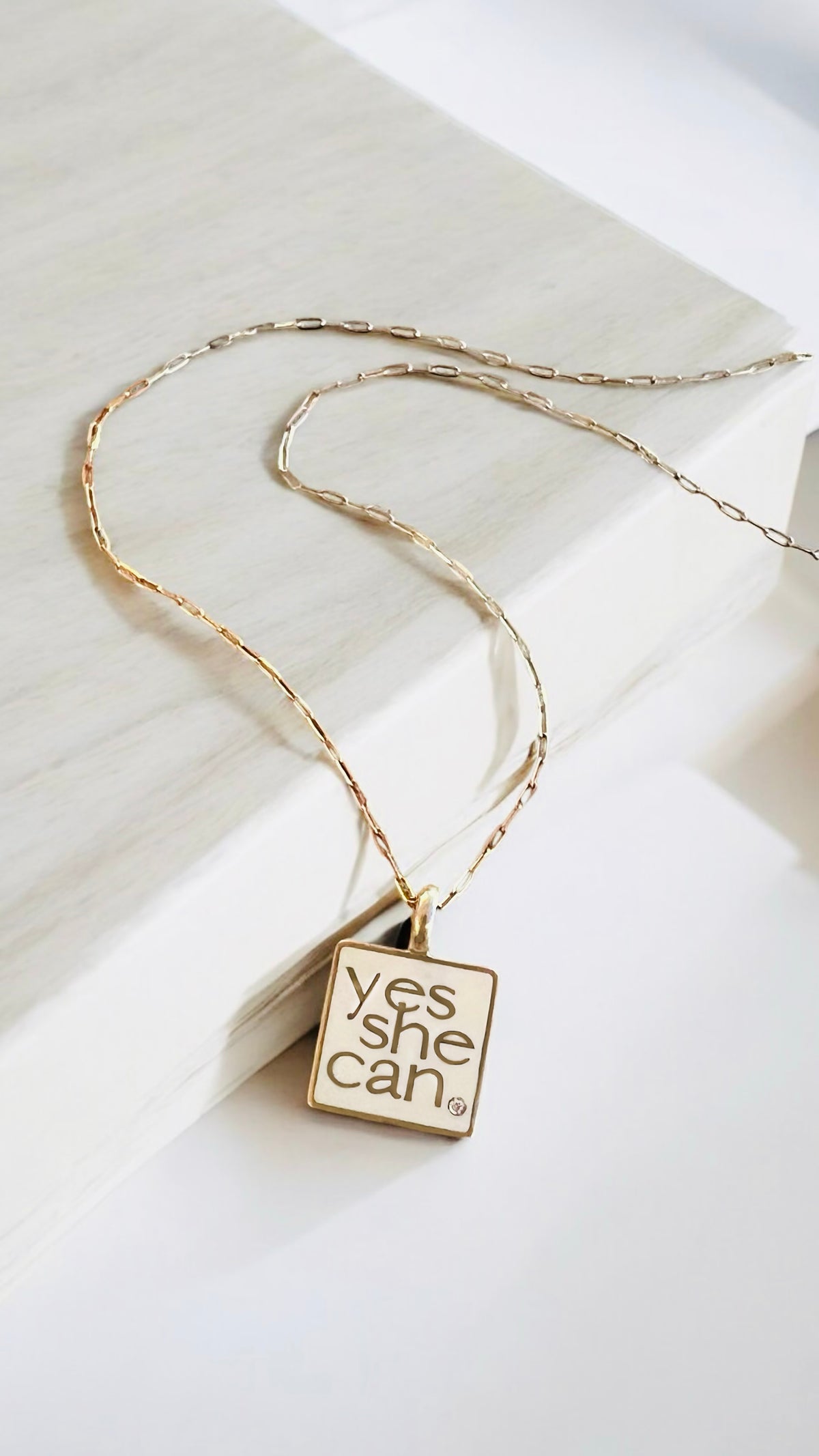 "Yes She Can" 14k Gold Enameled Necklace with Diamond on Mini Paperclip Chain