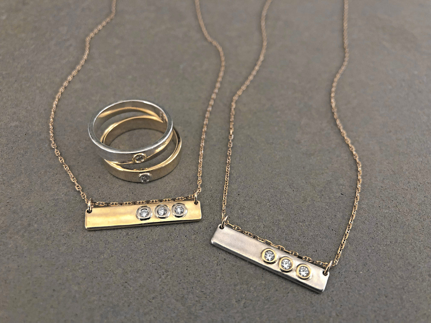 "Liquid Metal" 14K Gold narrow Hammered Band with Diamond