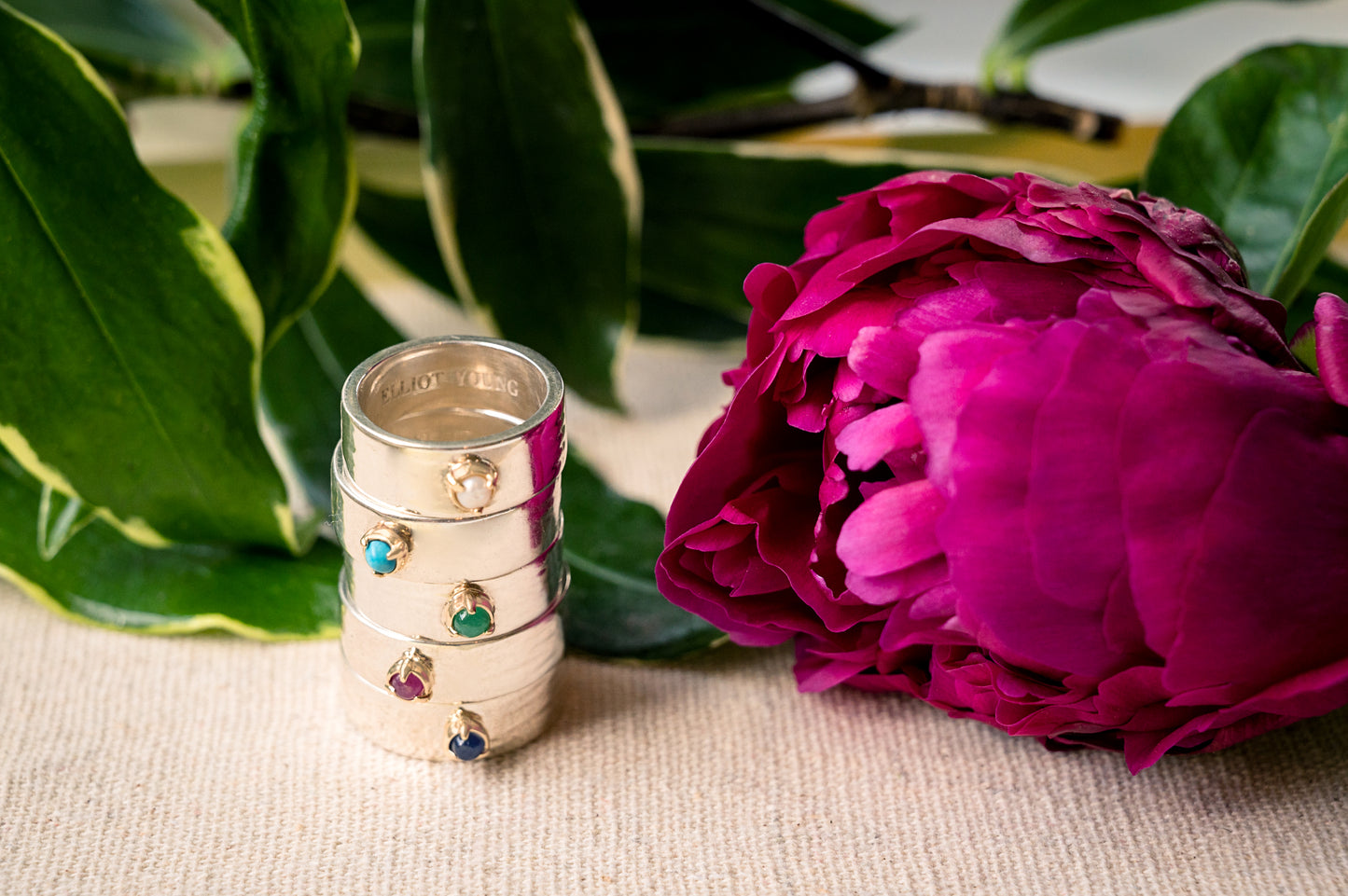 "Liquid Metal" Sterling Silver Wide Hammered Band "Claw" Ring with Natural Rose Cut Diamond, Sapphire, or Turquoise