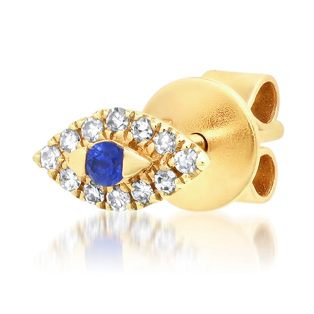 14K Gold with Diamonds and Sapphire SINGLE Evil Eye Stud Earring