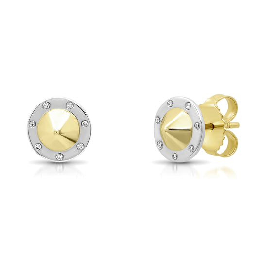 14K Yellow + White Gold "Pyramid" Studs with Diamonds