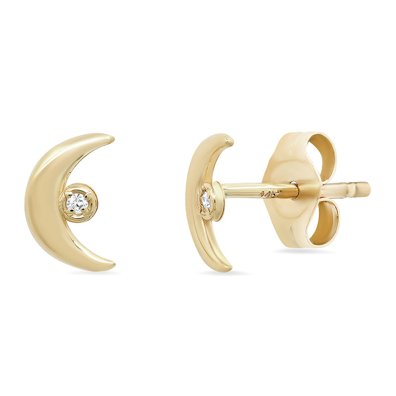 "Celestial" 14K Gold Tiny Moon Diamond Stud Earrings with Diamonds
