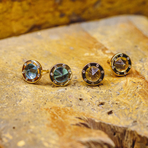 Blue Topaz "Pyramid" Studs with 14K Yellow Gold and Diamonds
