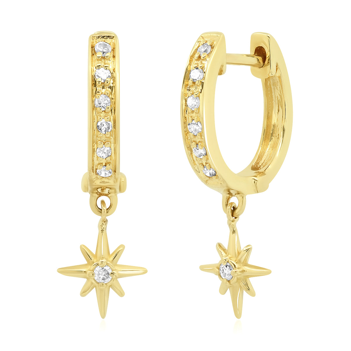 14K Gold Pave Diamond Huggies with North Star Charm