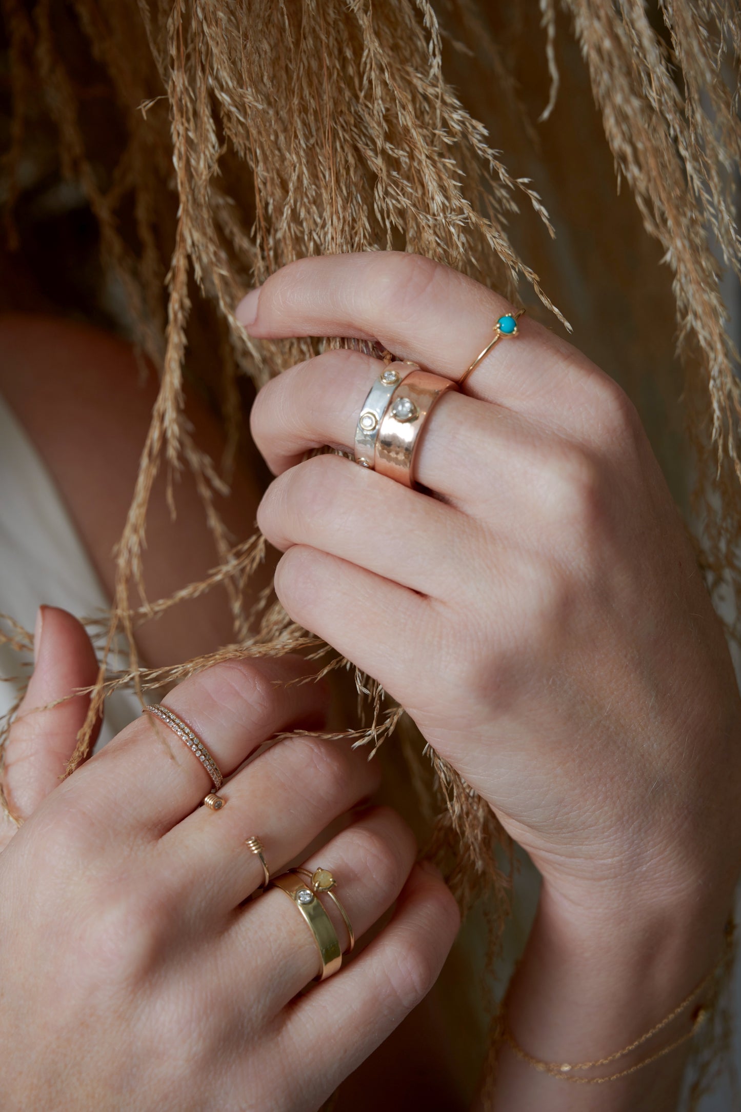 "Liquid Metal" 14K Gold narrow Hammered Band with Seven Diamonds