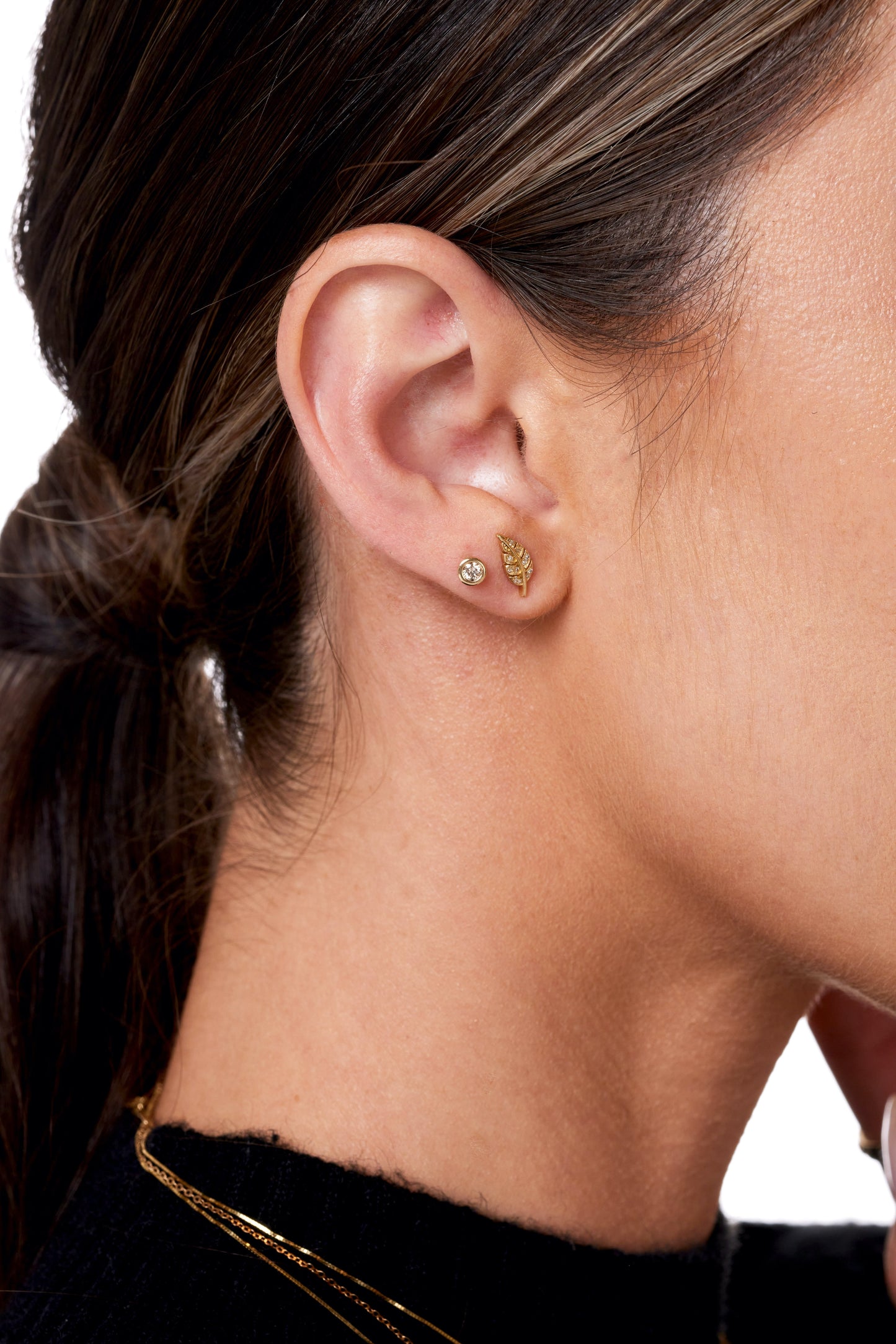 Leaf 14K Gold Diamond Stud Earrings