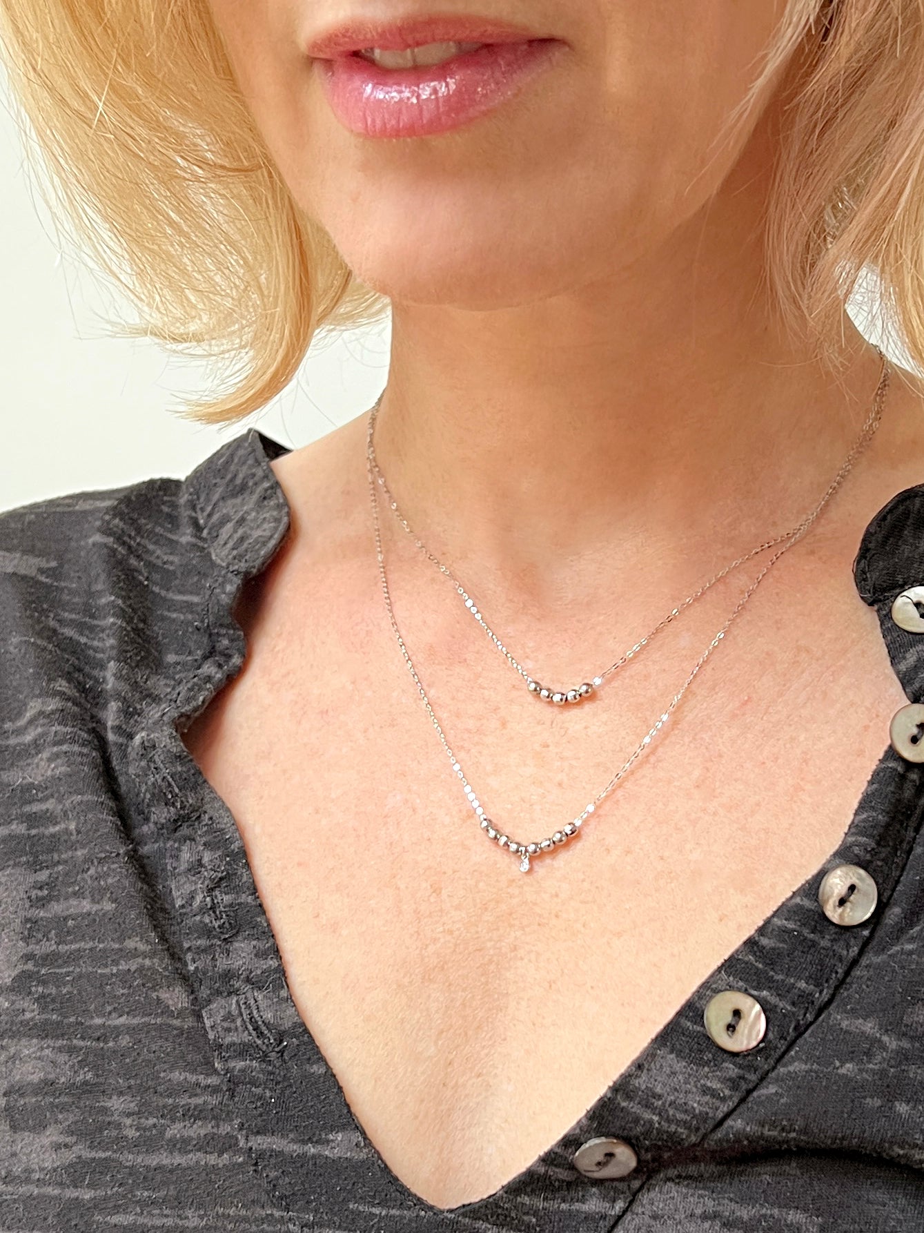 Moveable Beaded Diamond Drop Necklace - 14K Yellow or White Gold