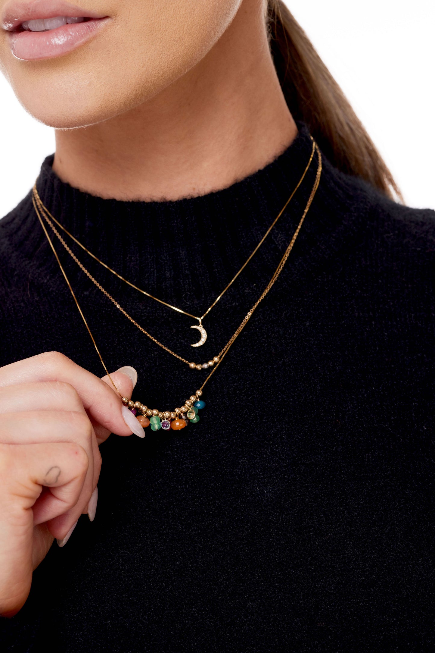Moveable Multi Gemstone Bead and 14K Gold Necklace
