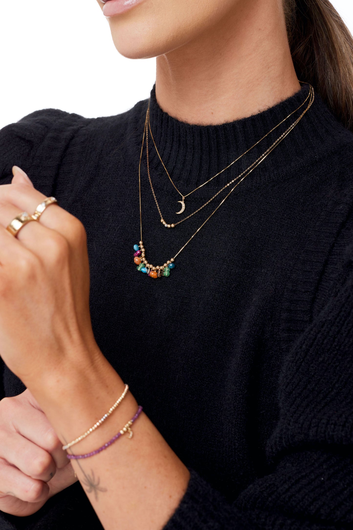 Moveable Multi Gemstone Bead and 14K Gold Necklace