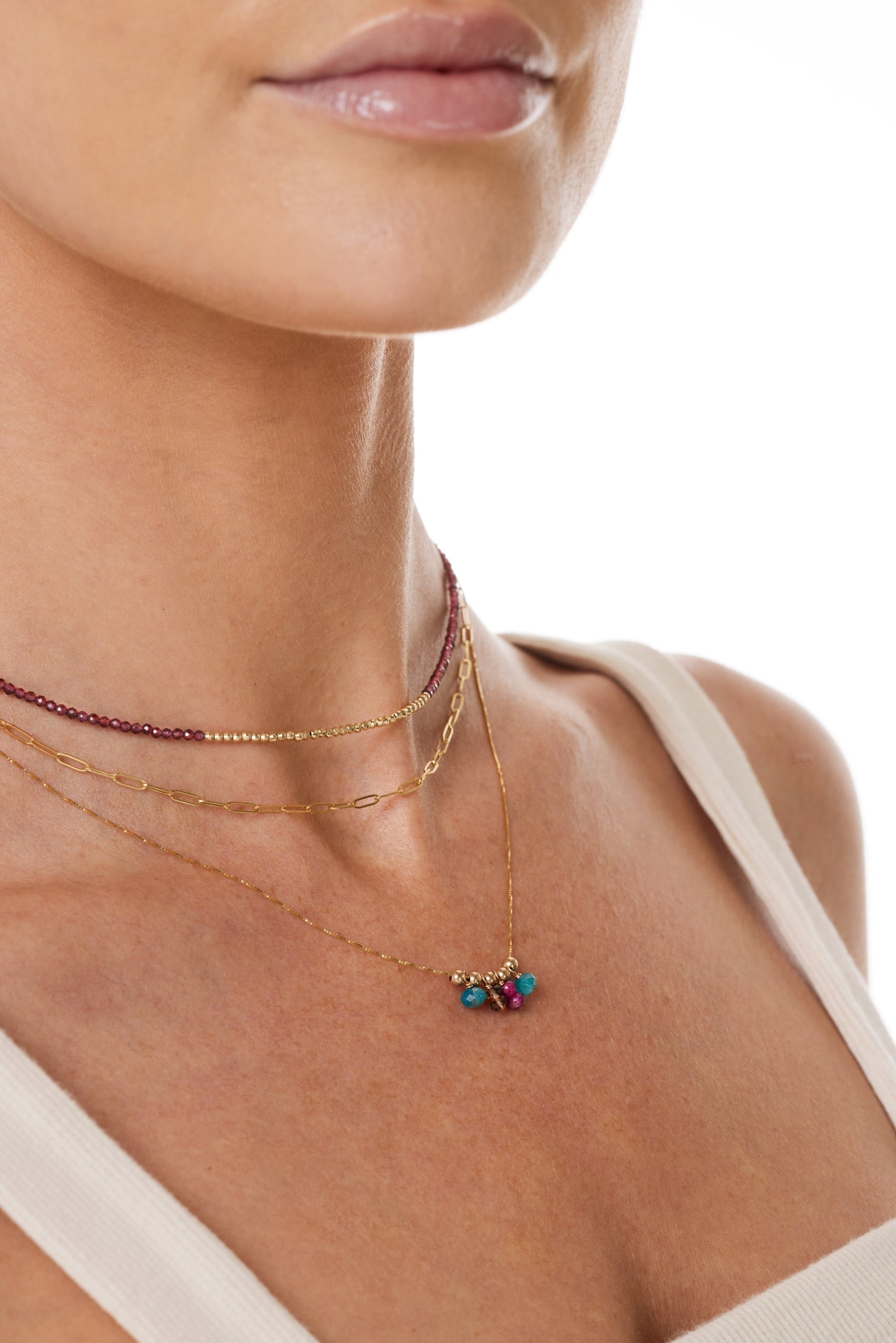 Moveable Jewel Tone Bead 14K Gold Necklace