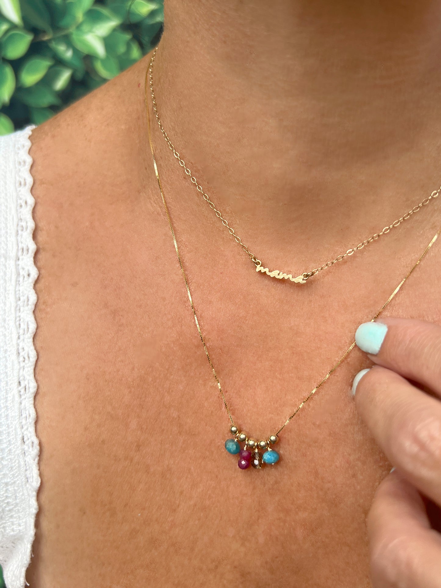 Moveable Jewel Tone Bead 14K Gold Necklace