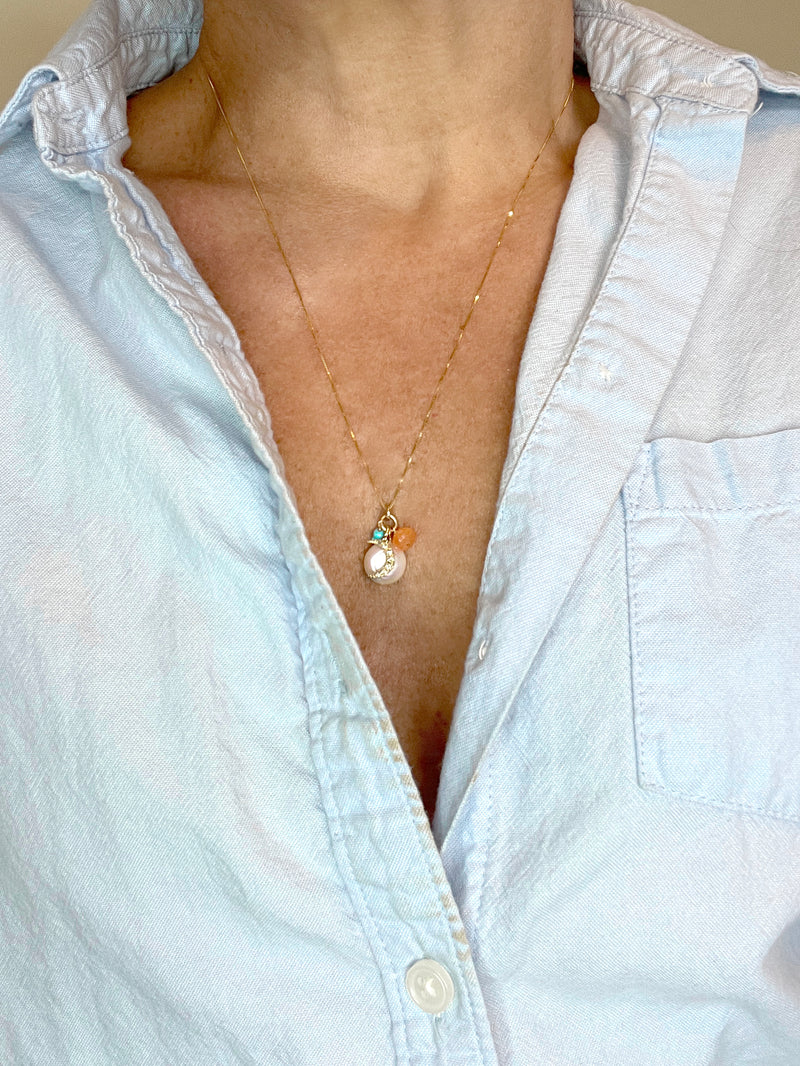 Gemstone Cluster Diamond Charm Necklace: Coin Pearl, Agate, Turquoise