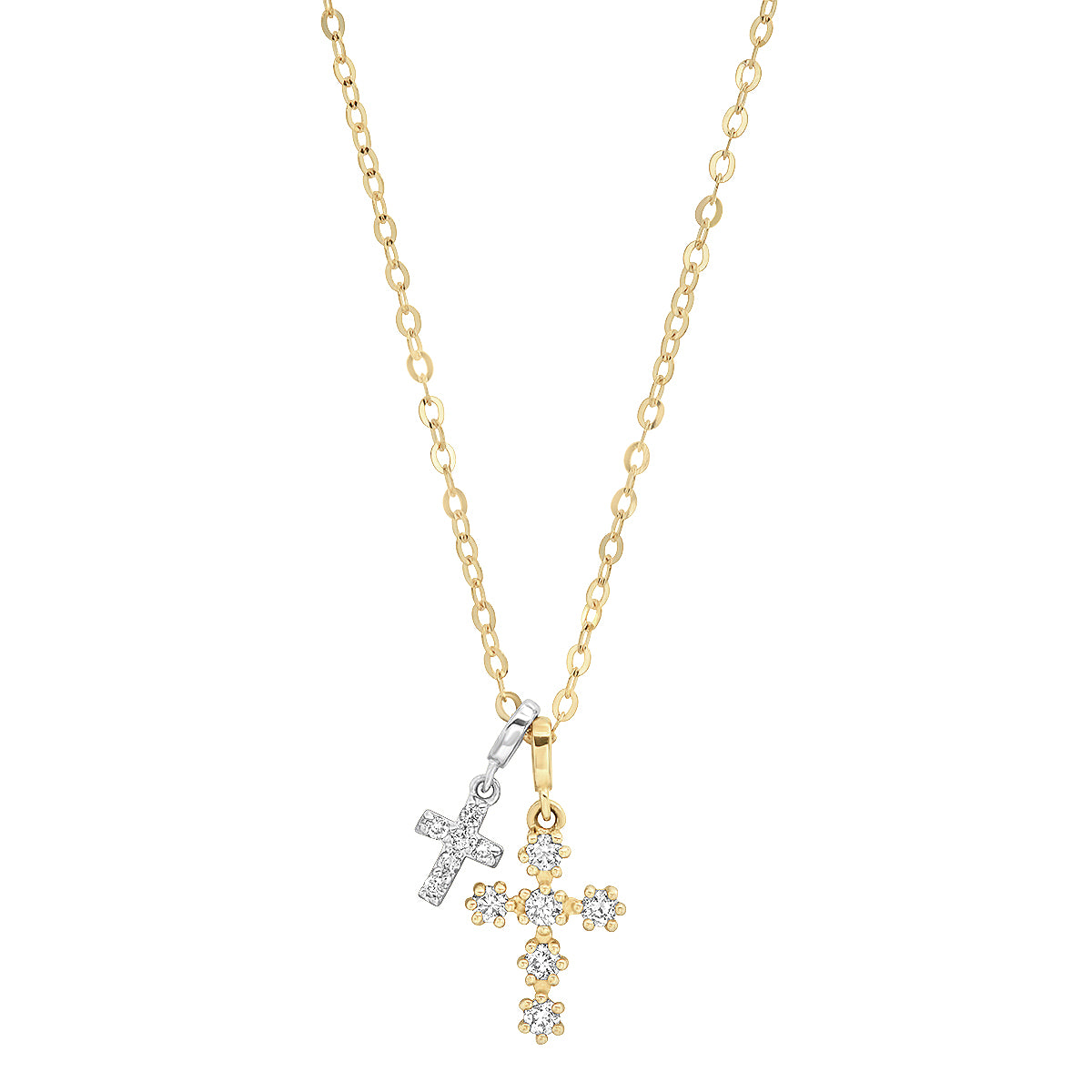 Pave Diamond 14K Gold Double Cross Necklace