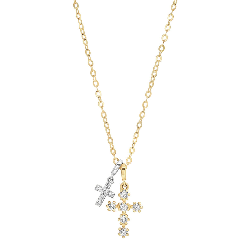 Pave Diamond 14K Gold Double Cross Necklace