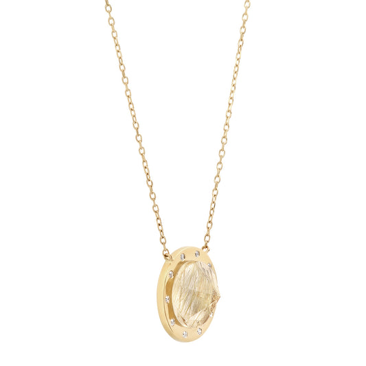 Rutilated Quartz Large "Pyramid" Pendant with 14K Yellow Gold and Diamonds