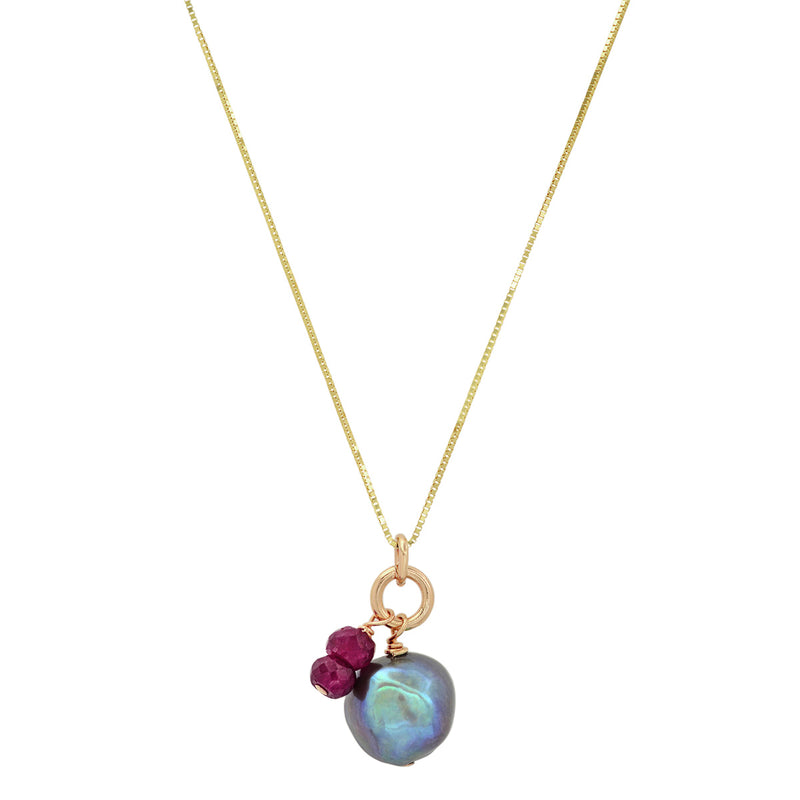Gemstone Cluster Necklace: Blue Keshi Pearl and Rubies