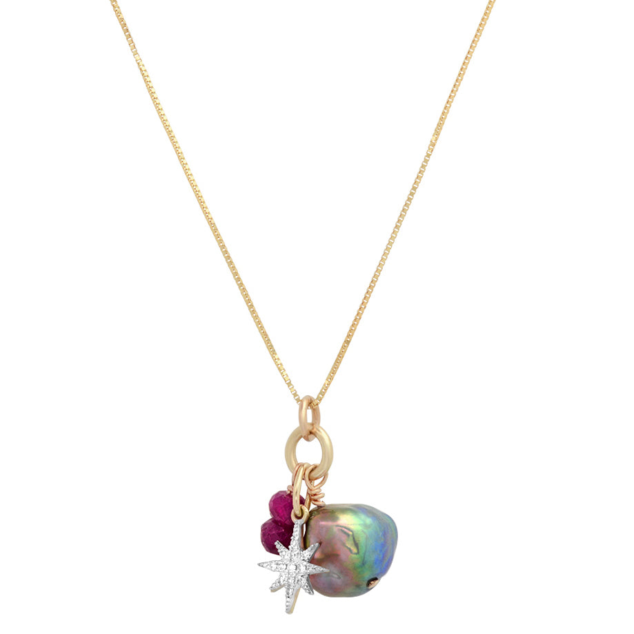 Gemstone Cluster Diamond Charm Necklace: Blue Keshi Pearl, Rubies