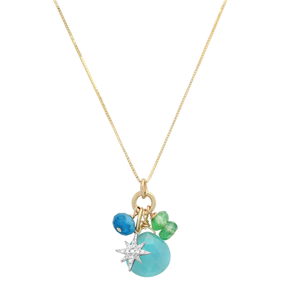 Gemstone Cluster Diamond Charm Necklace: Chalcedony, Aventurine, Apatite