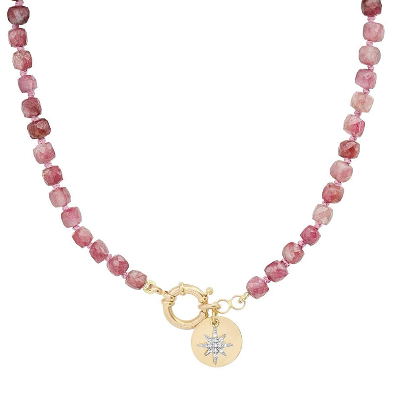 Chunky Knotted Gemstone Diamond Charm Necklace: Pink Tourmaline
