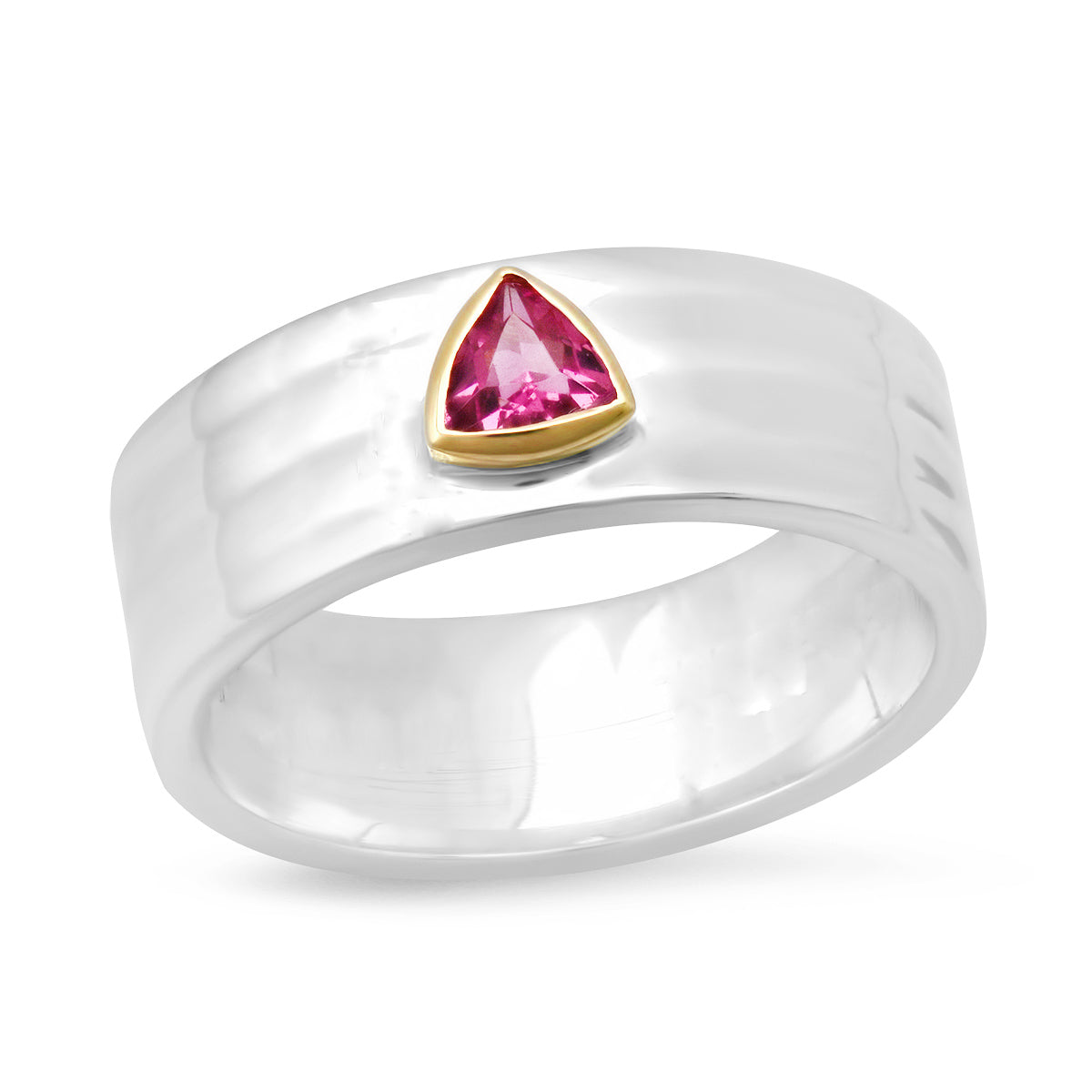 "Liquid Metal" Sterling Silver Wide Hammered Band with KNIFE EDGE Gemstone: Pink Tourmaline Size 8