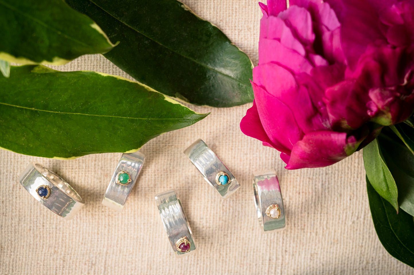 "Liquid Metal" Sterling Silver Wide Hammered Band "Claw" Ring with Natural Rose Cut Diamond, Sapphire, or Turquoise