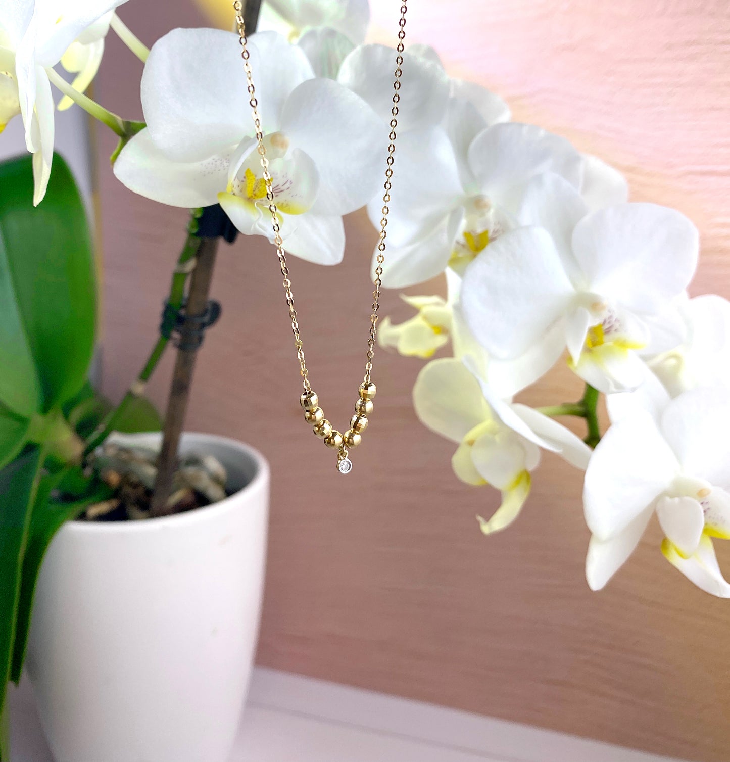 Moveable Beaded Diamond Drop Necklace - 14K Yellow or White Gold